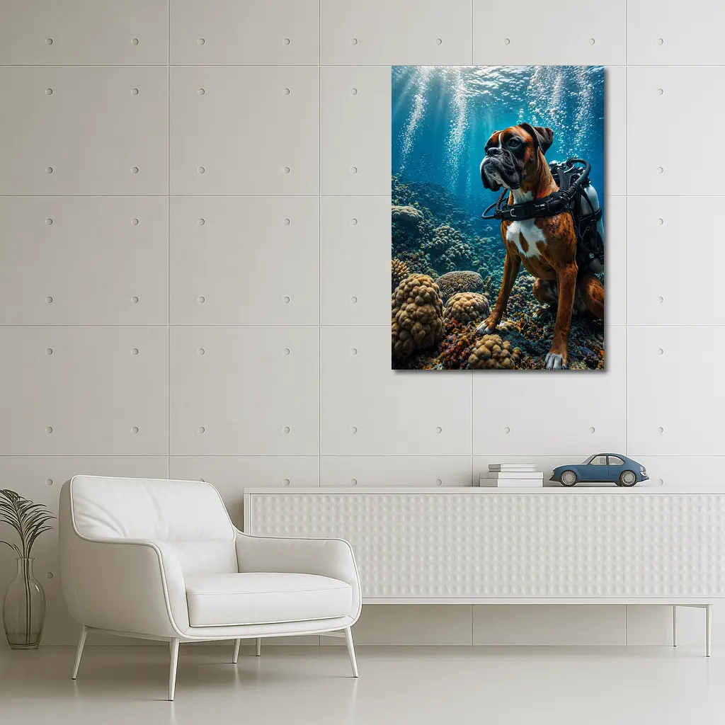Boxer Dog Scuba Diving Coral Reef Underwater – Wall Art