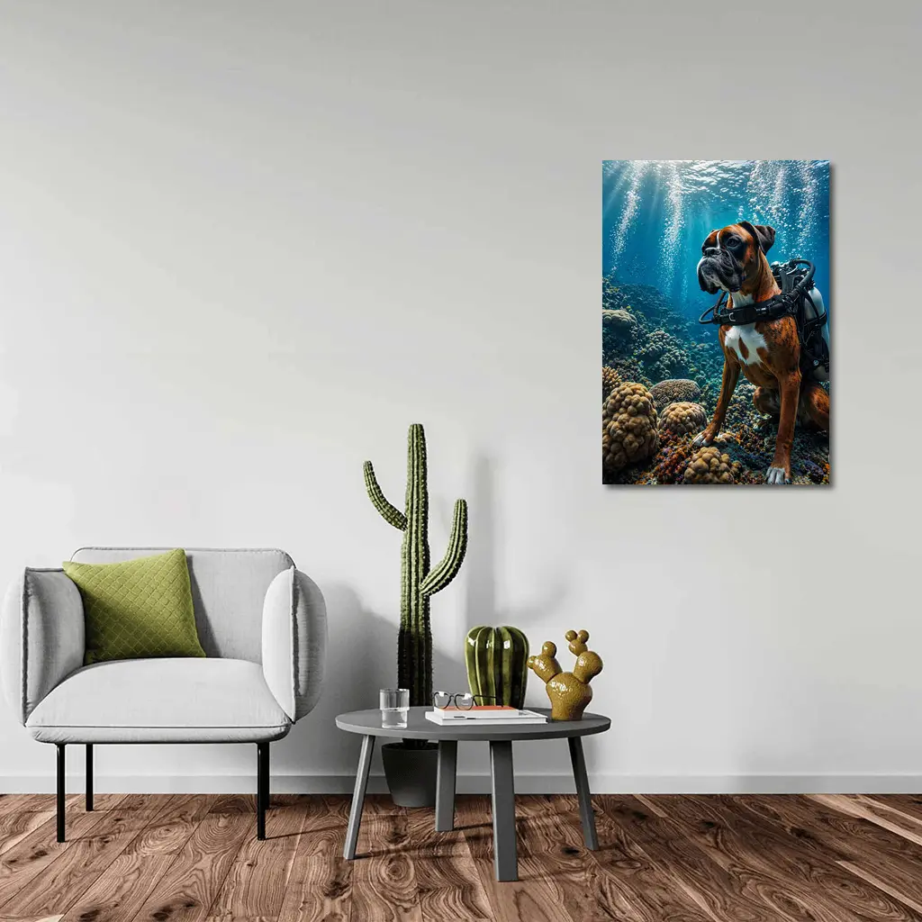 Boxer Dog Scuba Diving Coral Reef Underwater – Wall Art