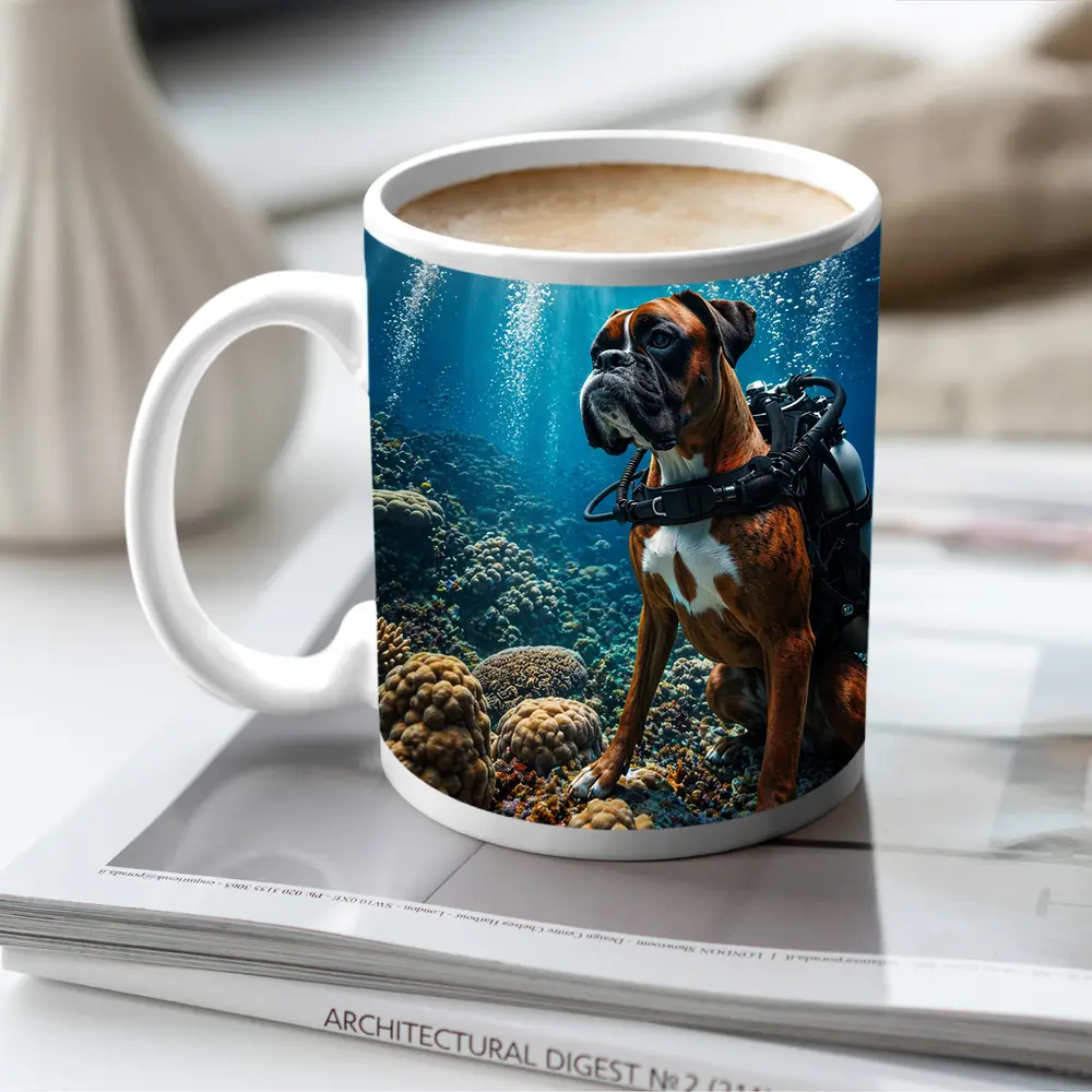 Boxer Dog Scuba Diving Coral Reef Underwater – Mugs