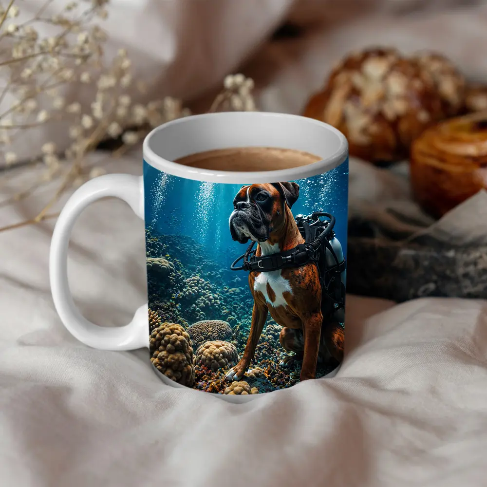 Boxer Dog Scuba Diving Coral Reef Underwater – Mugs
