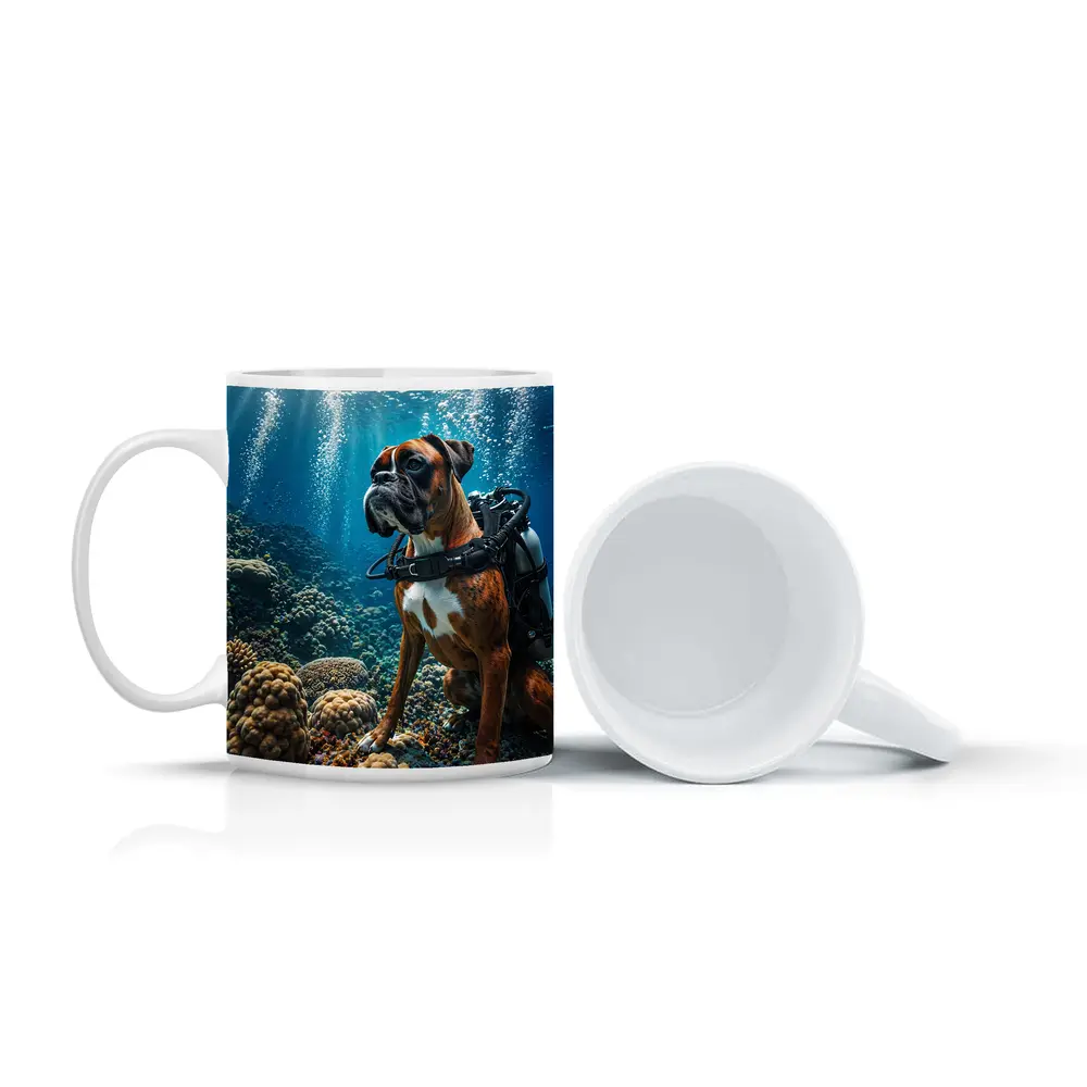 Boxer Dog Scuba Diving Coral Reef Underwater – Mugs