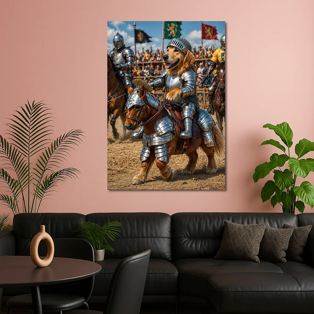 Golden Retriever Knight Riding Horse Tournament – Wall Art
