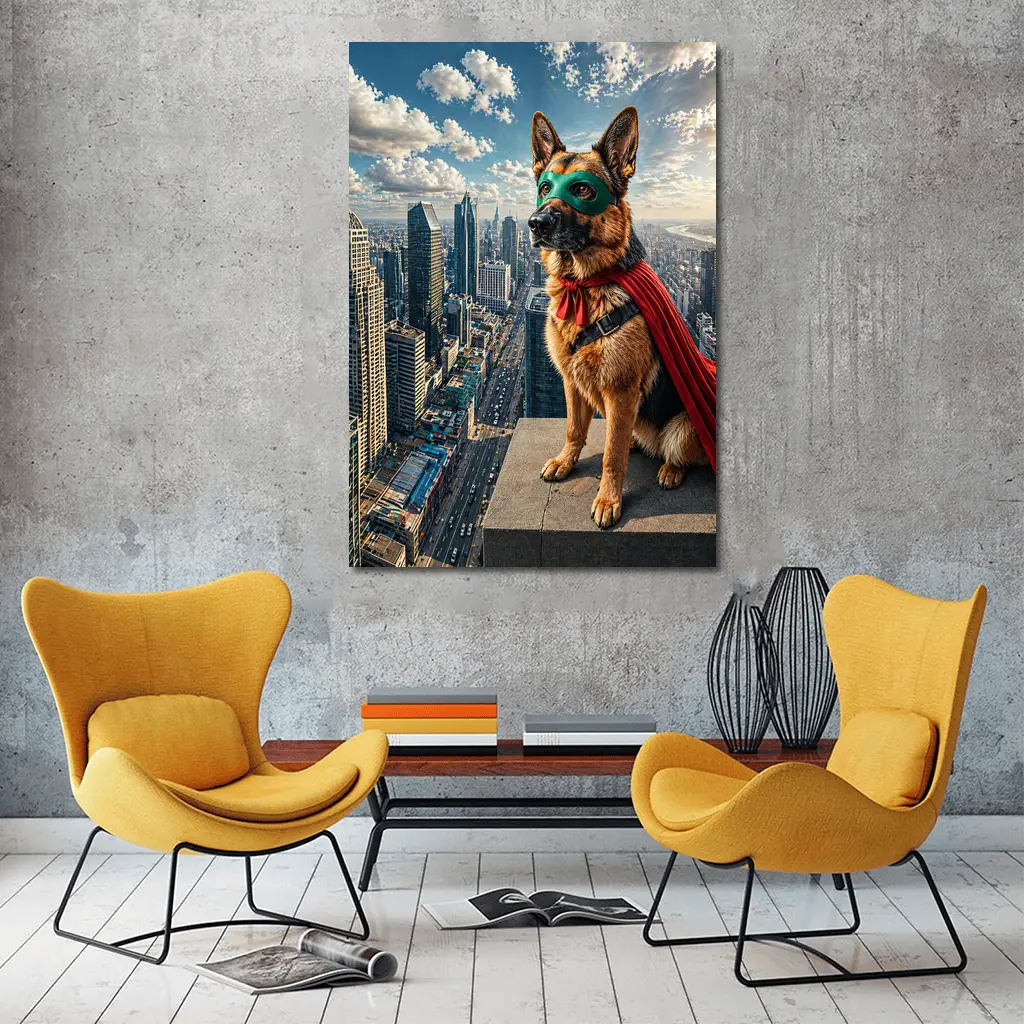 German Shepherd Superhero Cape City Skyline – Wall Art