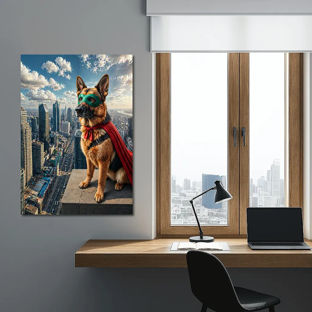 German Shepherd Superhero Cape City Skyline – Wall Art
