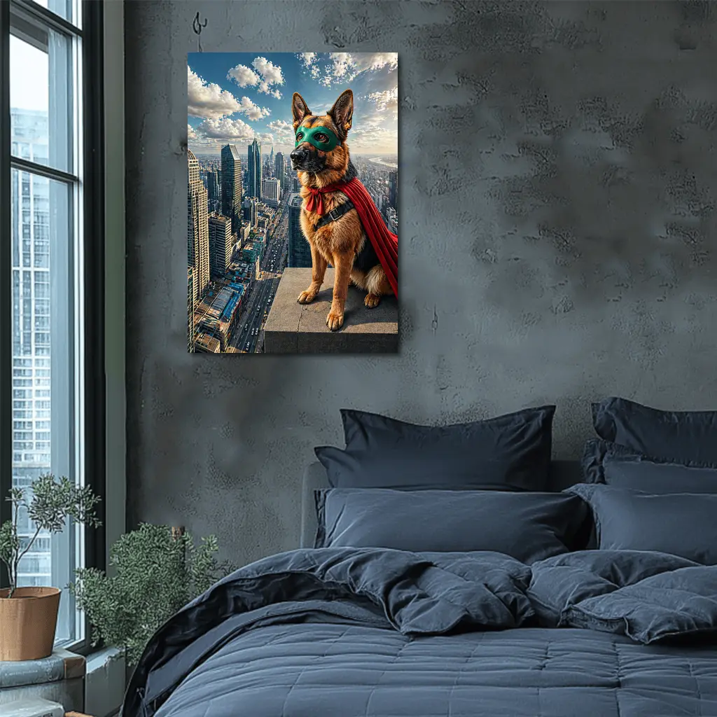 German Shepherd Superhero Cape City Skyline – Wall Art