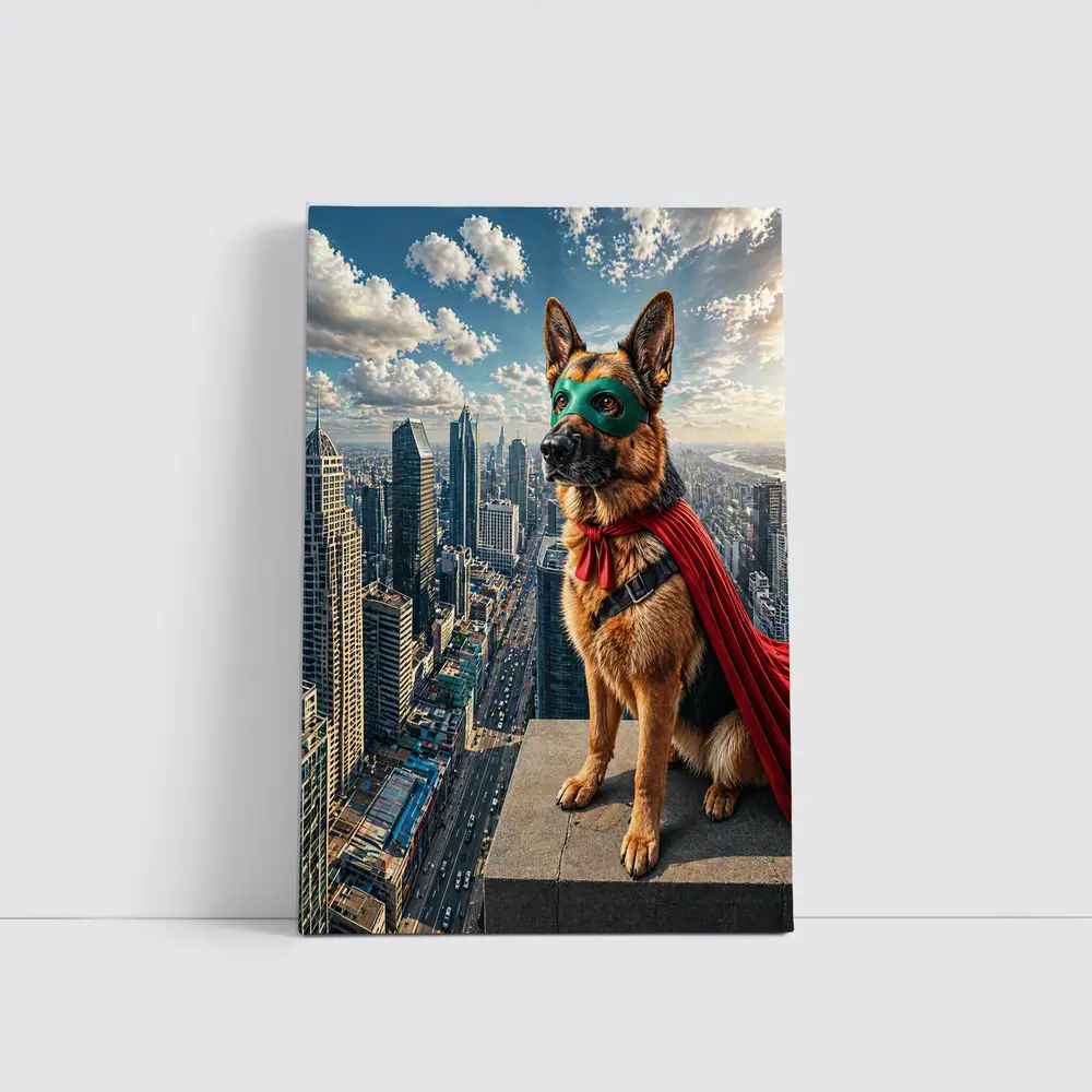 German Shepherd Superhero Cape City Skyline – Wall Art