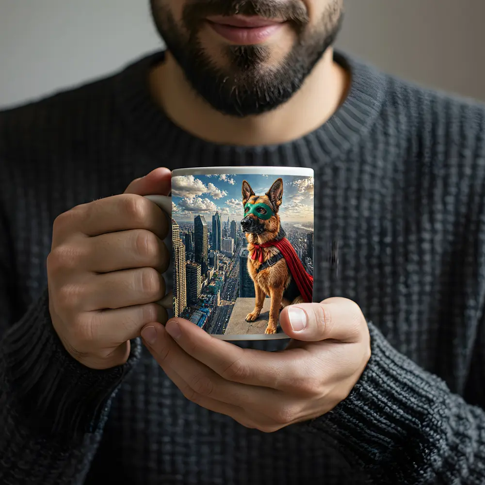 German Shepherd Superhero Cape City Skyline – Mugs