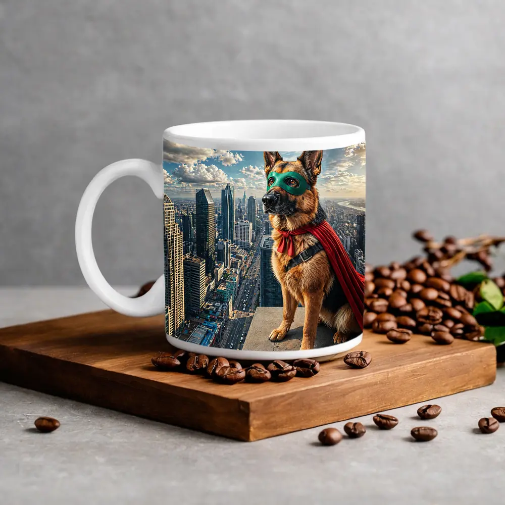 German Shepherd Superhero Cape City Skyline – Mugs