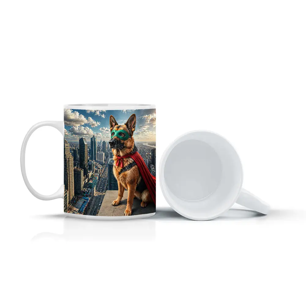 German Shepherd Superhero Cape City Skyline – Mugs