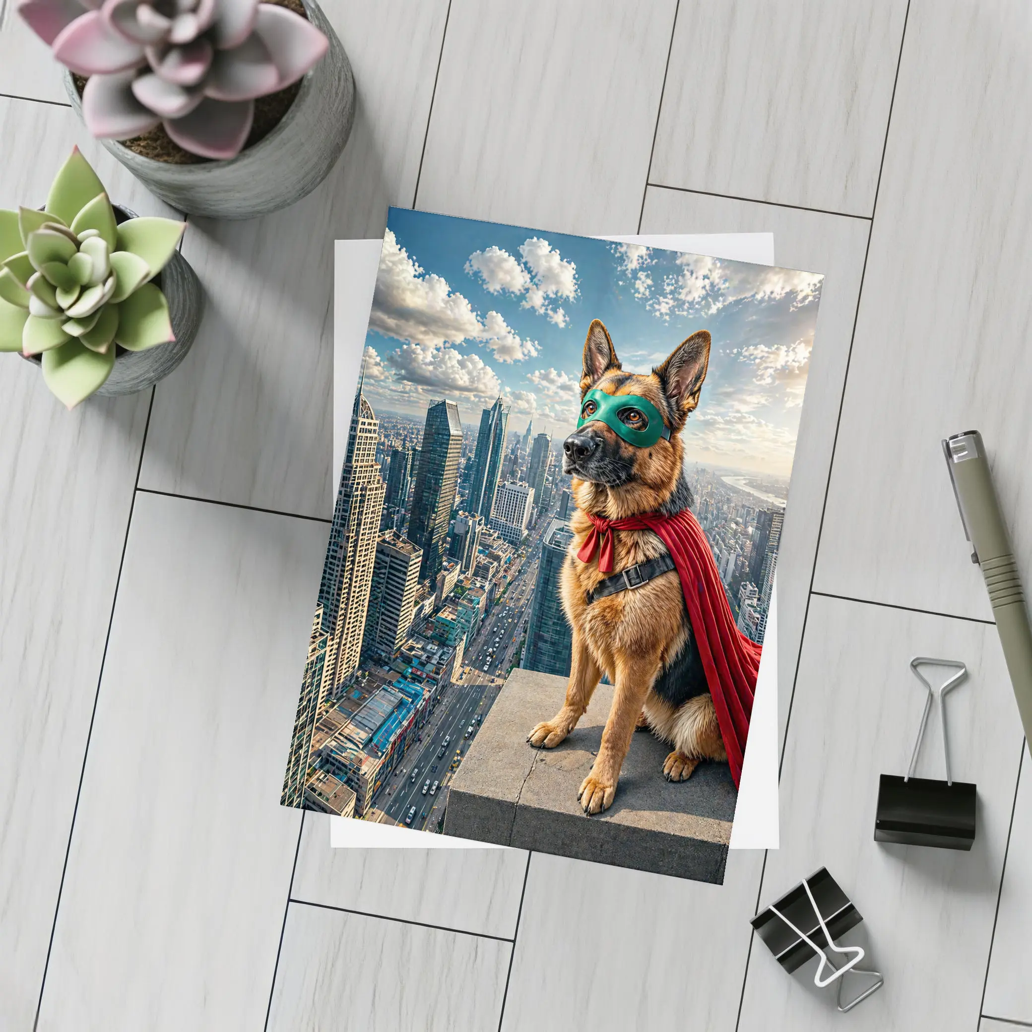 German Shepherd Superhero Cape City Skyline – Postcards