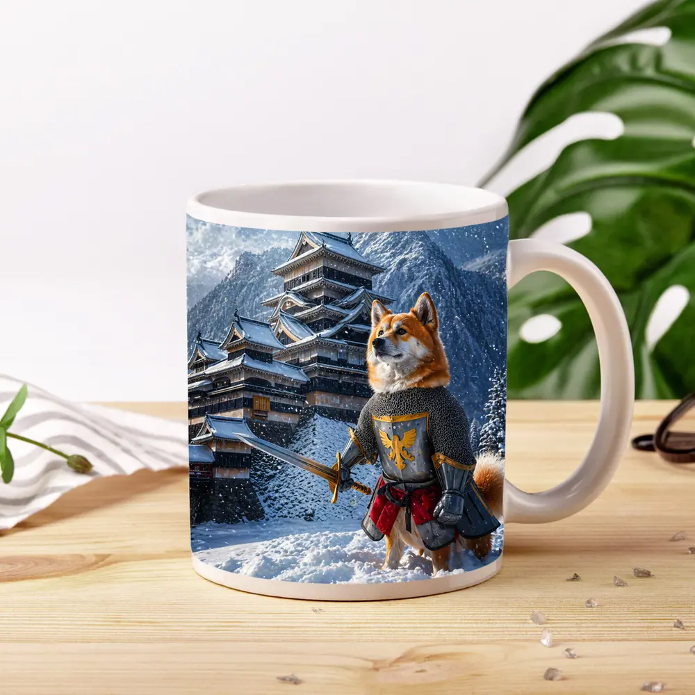 Shiba Inu Knight Warrior Snowy Japanese Castle – Mugs