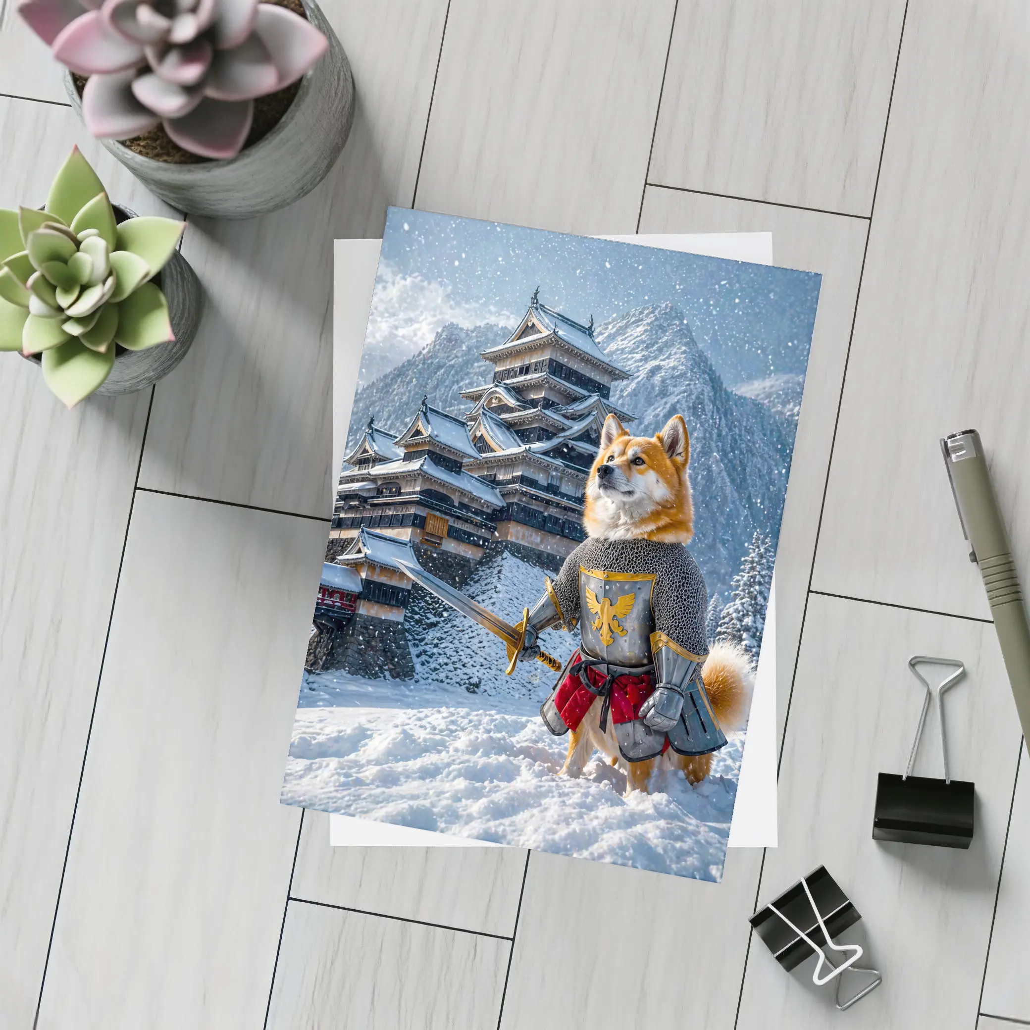 Shiba Inu Knight Warrior Snowy Japanese Castle – Postcards
