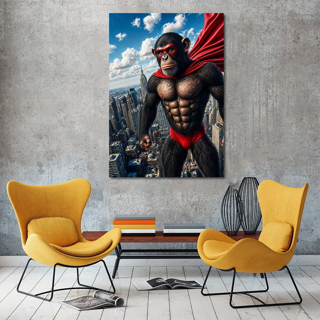 Superhero Chimpanzee Flying Over City Skyline – Wall Art