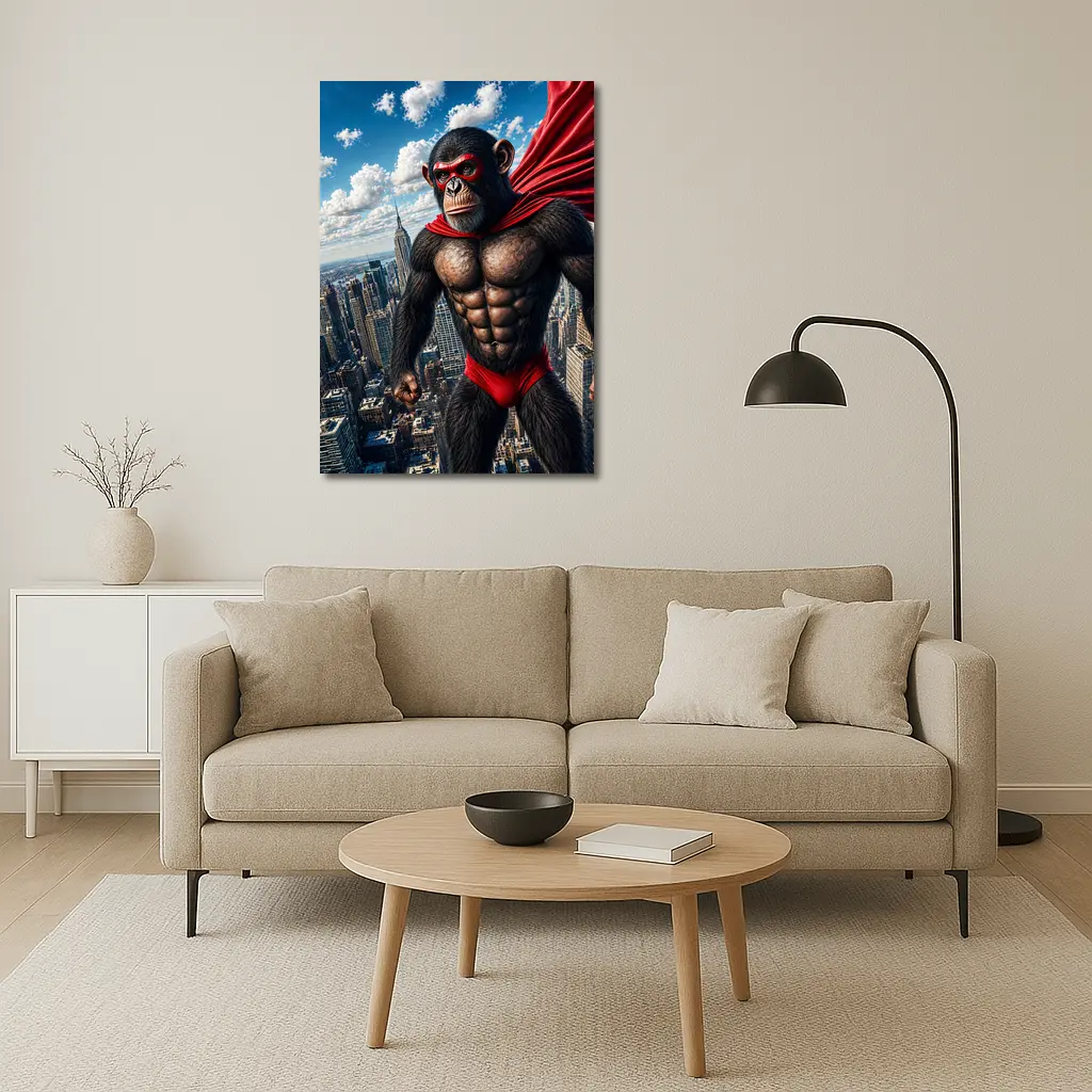 Superhero Chimpanzee Flying Over City Skyline – Wall Art