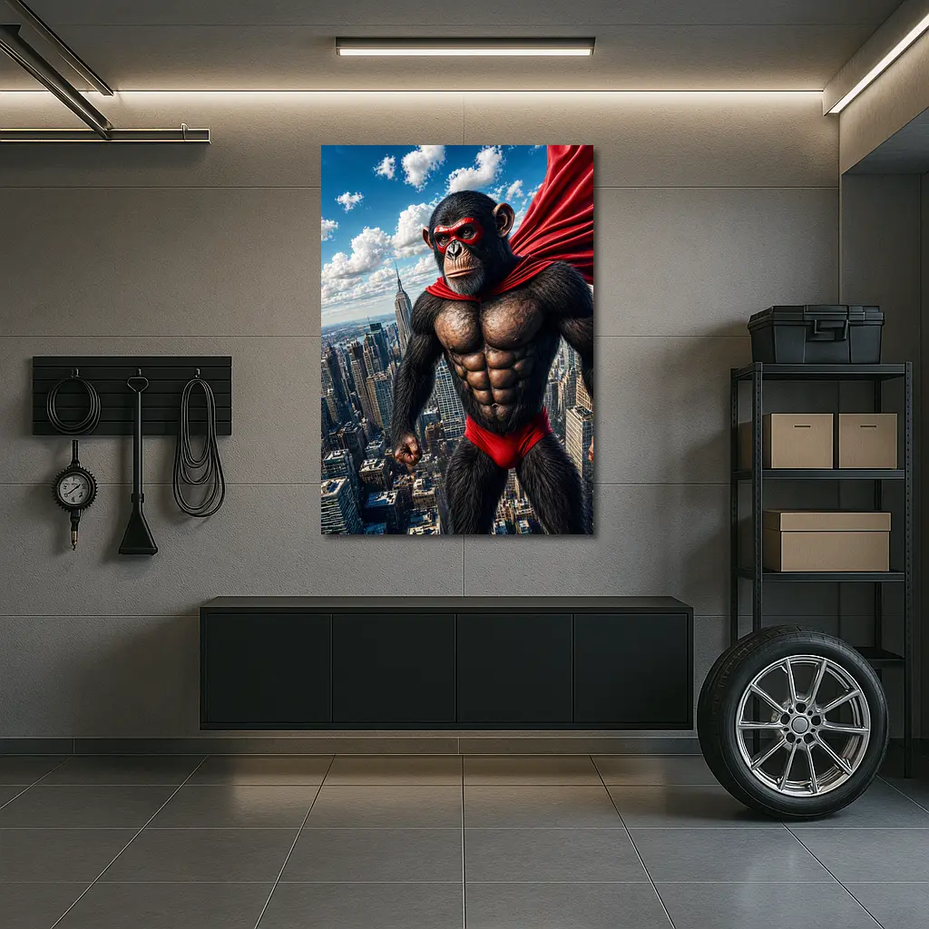 Superhero Chimpanzee Flying Over City Skyline – Wall Art