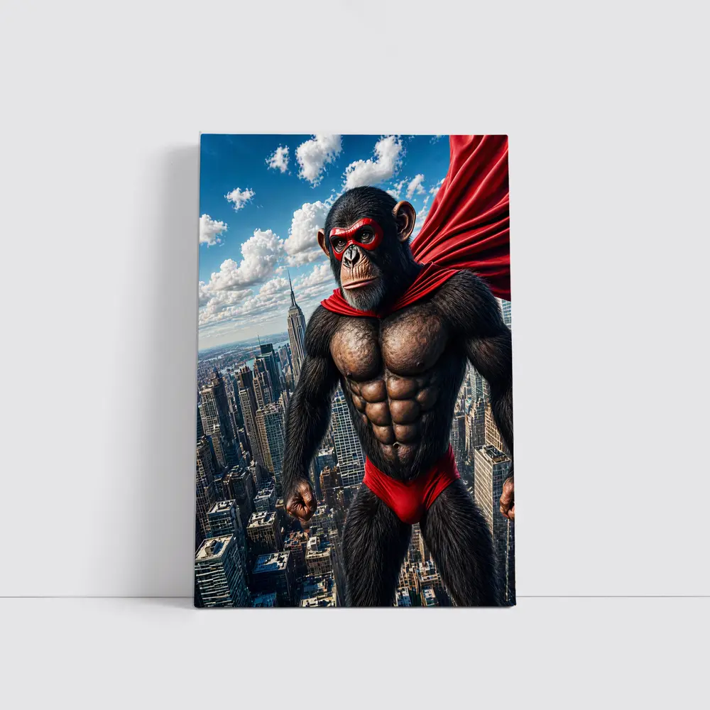 Superhero Chimpanzee Flying Over City Skyline – Wall Art