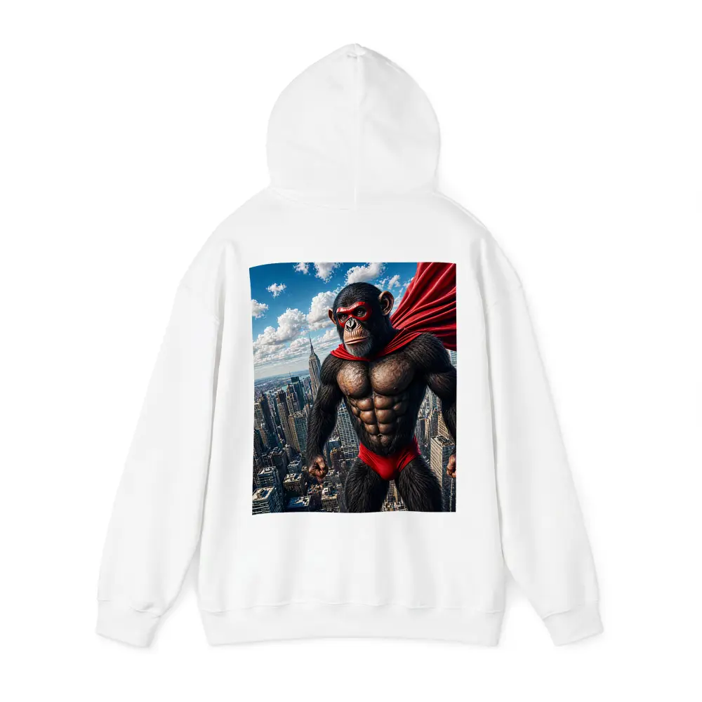 Superhero Chimpanzee Flying Over City Skyline – Hoodies