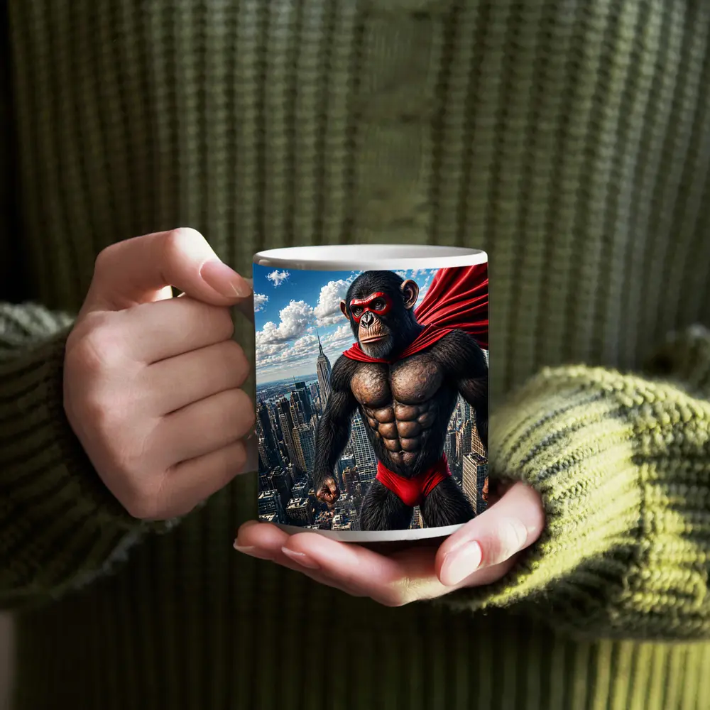 Superhero Chimpanzee Flying Over City Skyline – Mugs