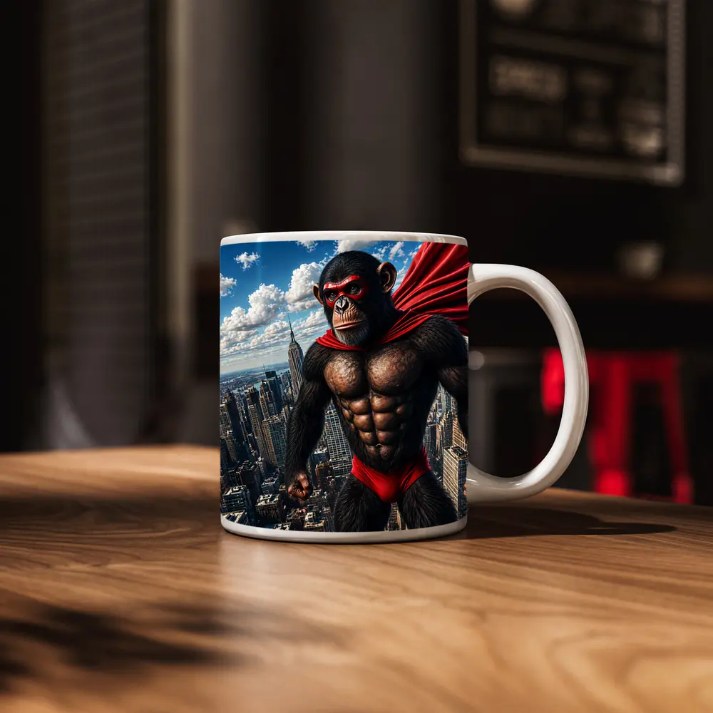 Superhero Chimpanzee Flying Over City Skyline – Mugs