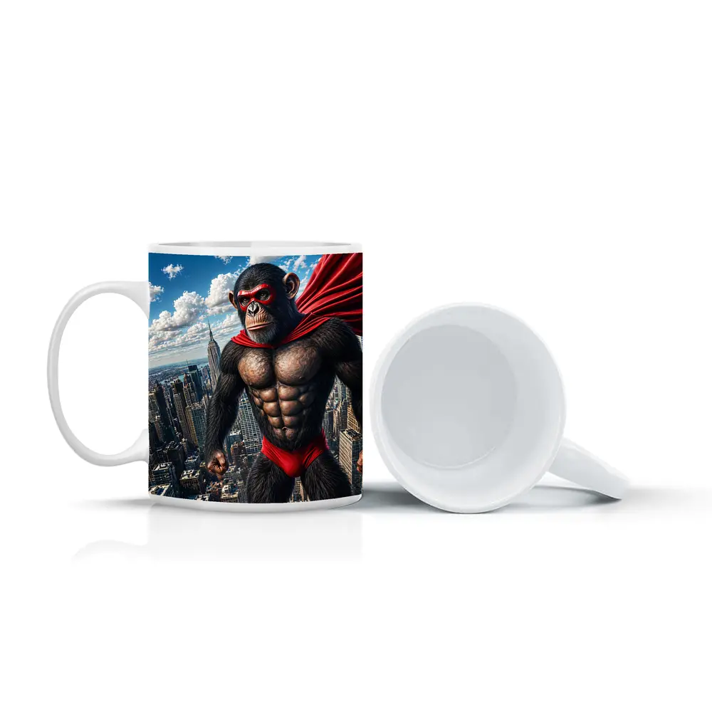 Superhero Chimpanzee Flying Over City Skyline – Mugs