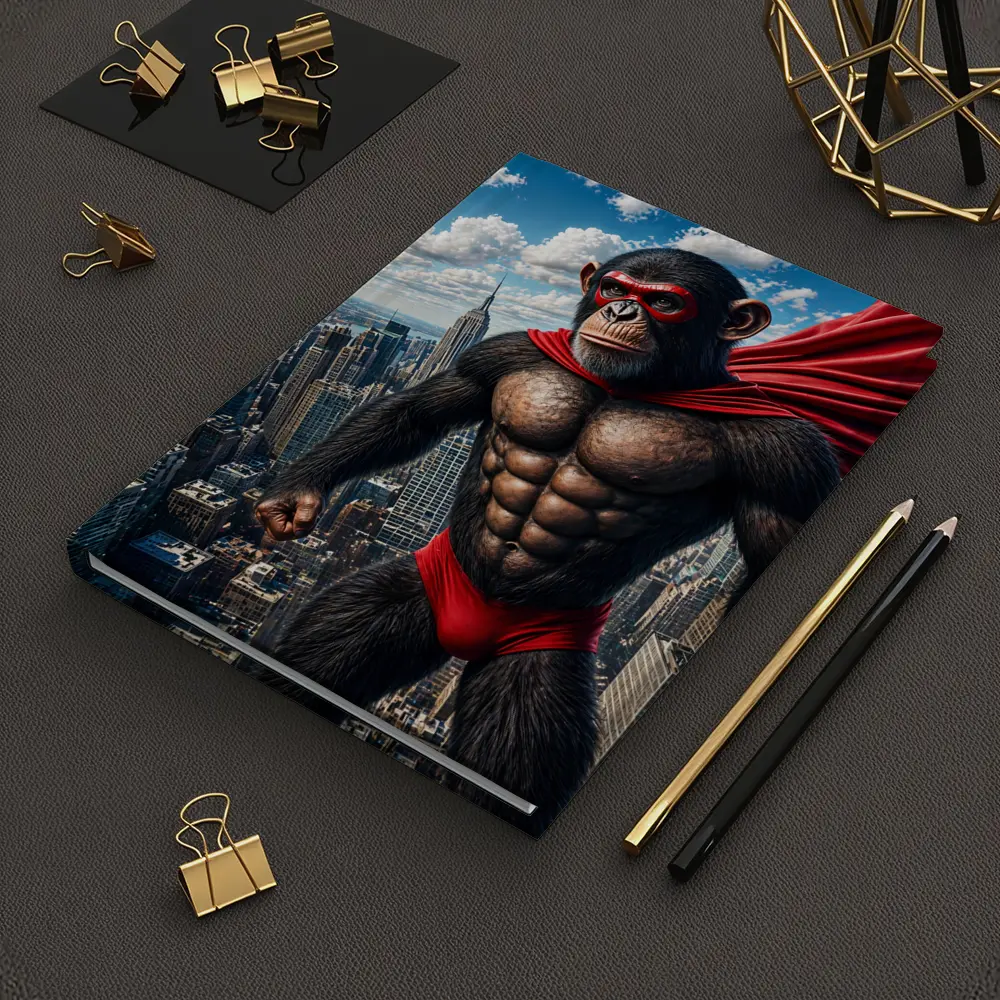 Superhero Chimpanzee Flying Over City Skyline – Notebooks