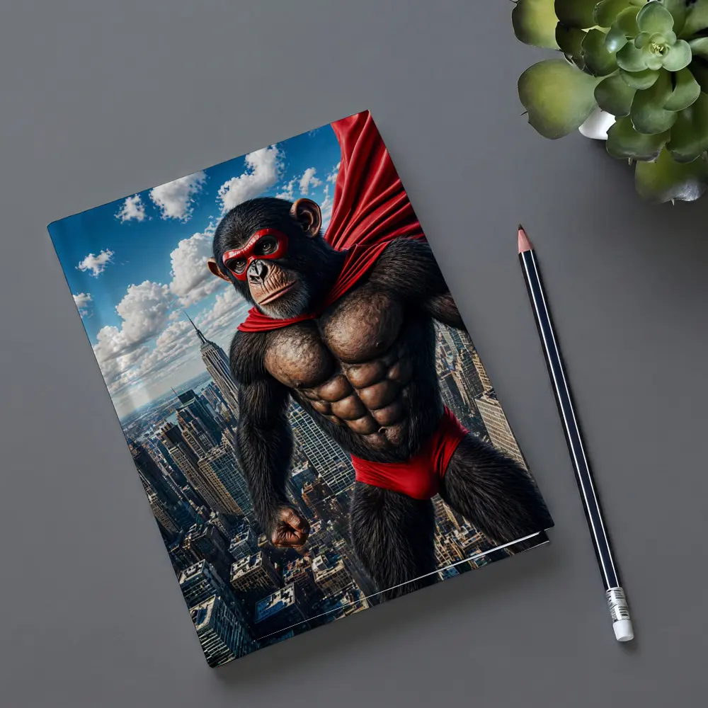 Superhero Chimpanzee Flying Over City Skyline – Notebooks