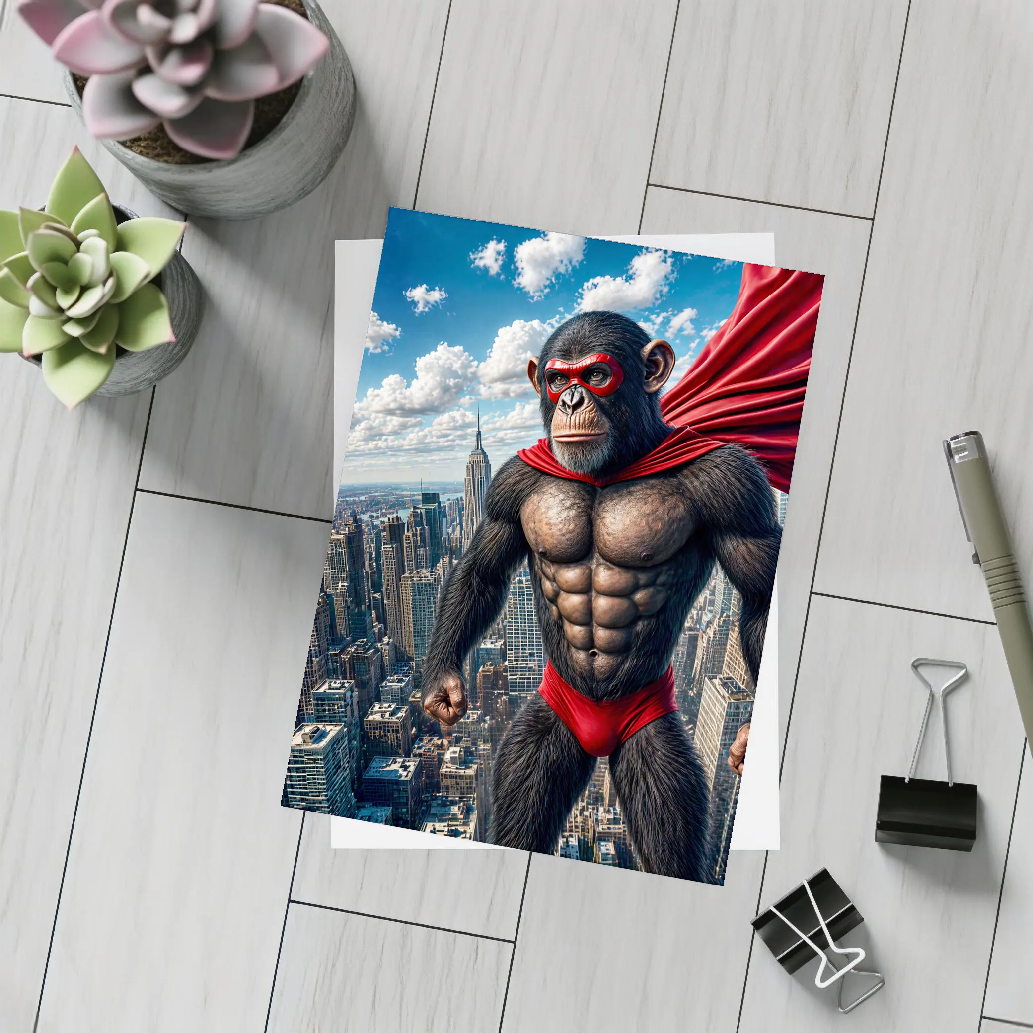 Superhero Chimpanzee Flying Over City Skyline – Postcards
