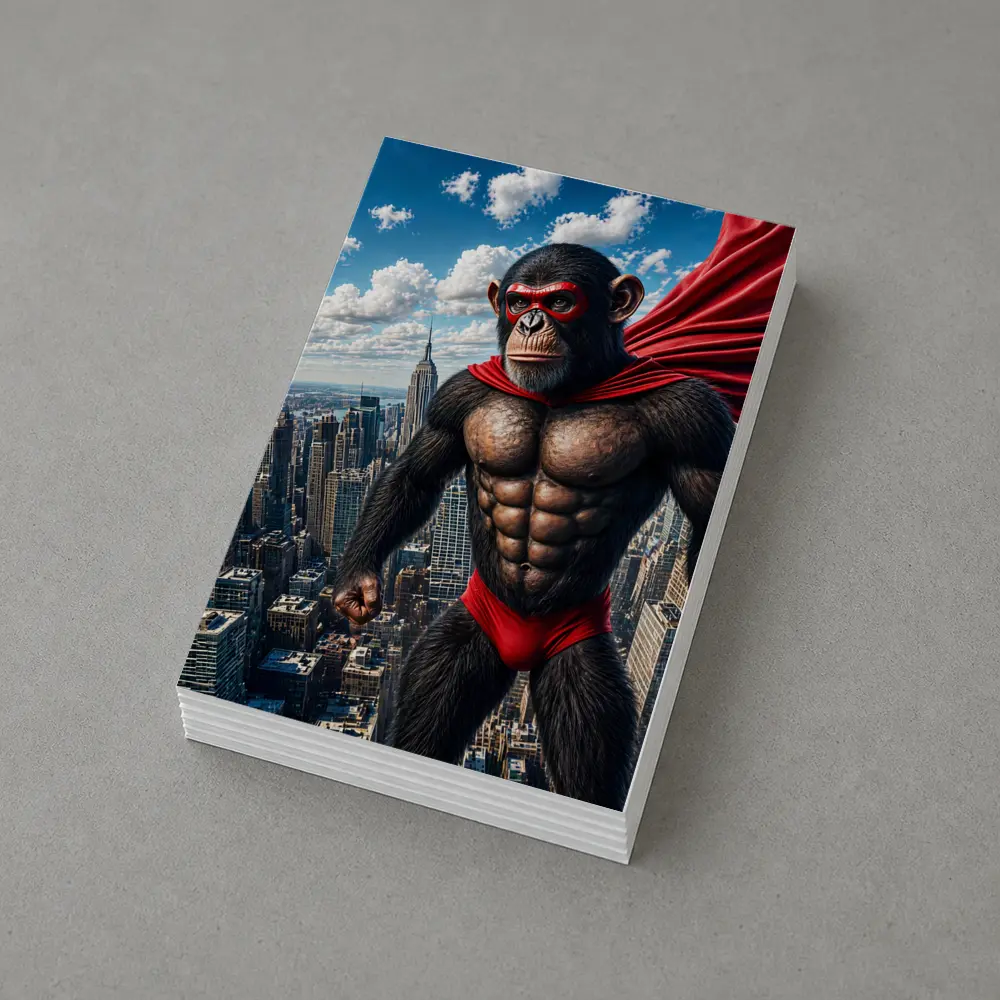 Superhero Chimpanzee Flying Over City Skyline – Postcards