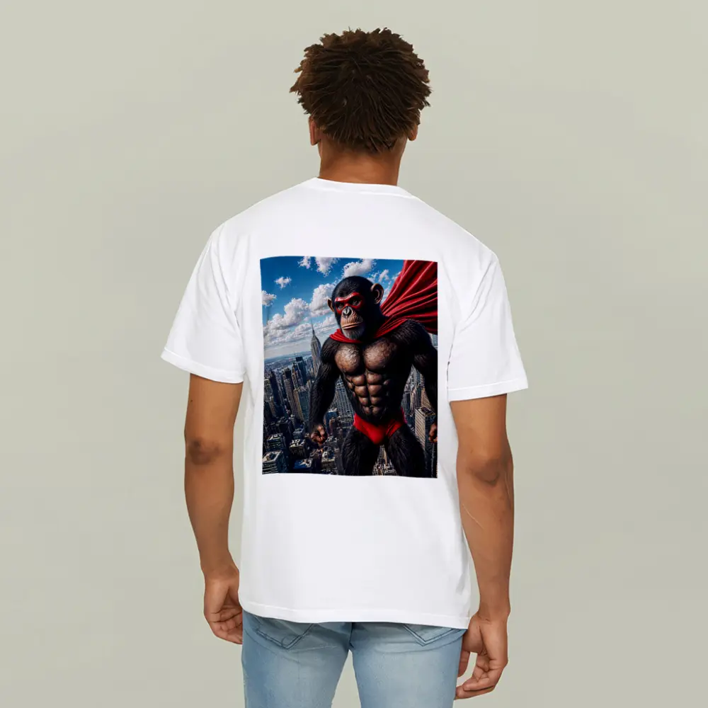 Superhero Chimpanzee Flying Over City Skyline – T-Shirts