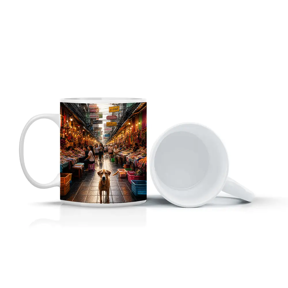 Dog Standing in Bangkok Thailand Street Market – Mugs