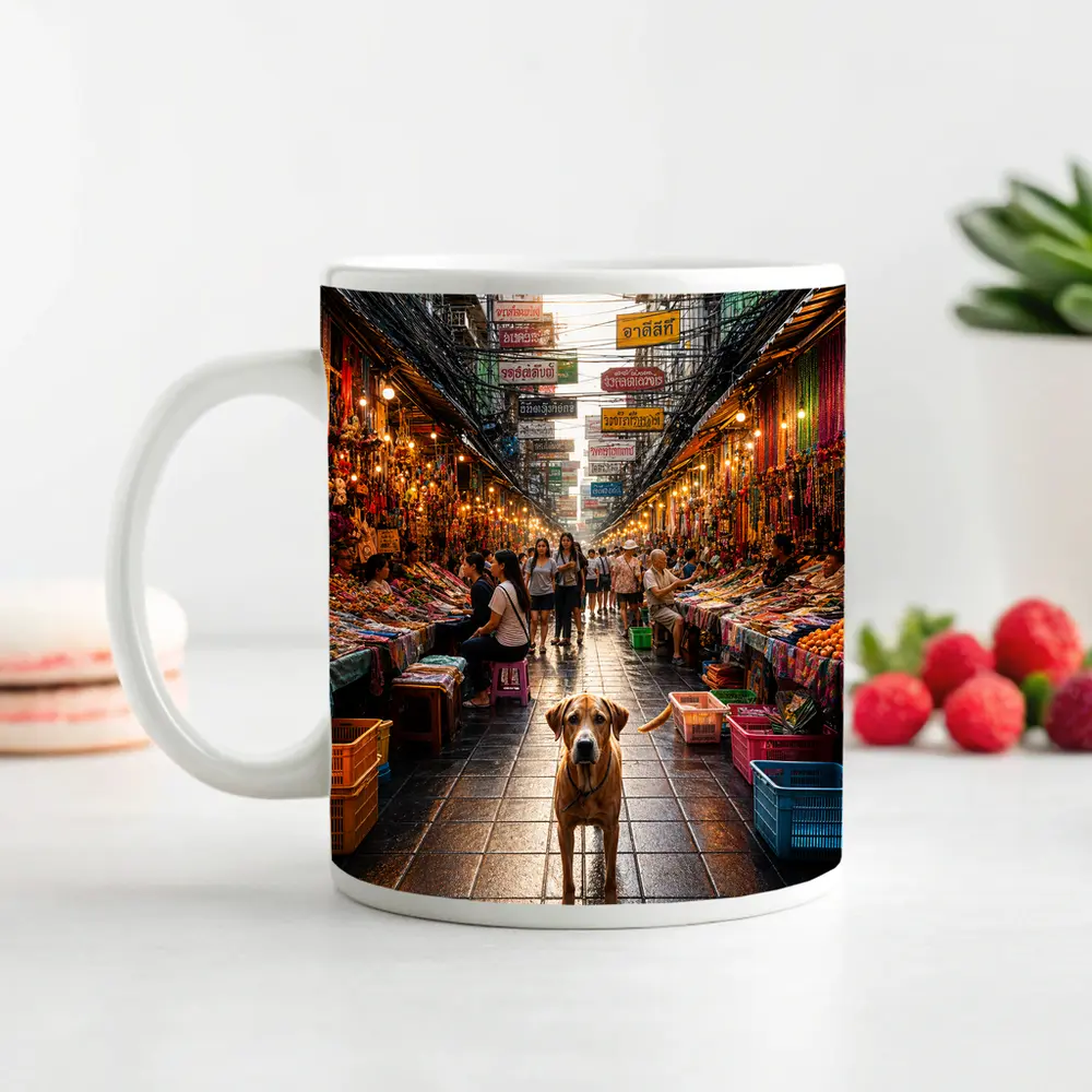 Dog Standing in Bangkok Thailand Street Market – Mugs