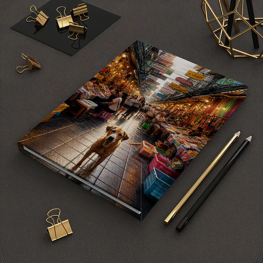 Dog Standing in Bangkok Thailand Street Market – Notebooks