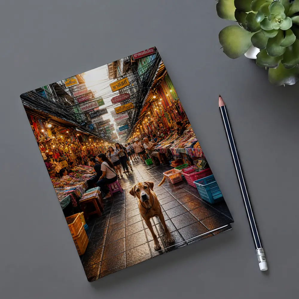 Dog Standing in Bangkok Thailand Street Market – Notebooks
