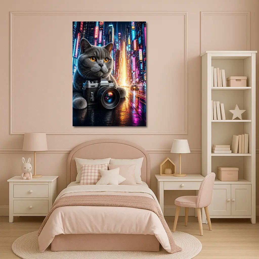 British Shorthair Cat Photographer Neon City – Wall Art