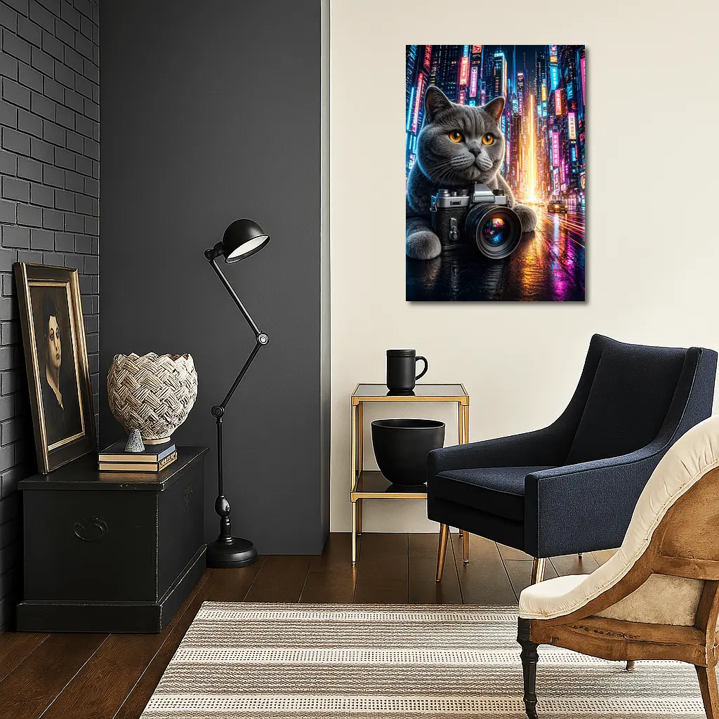 British Shorthair Cat Photographer Neon City – Wall Art