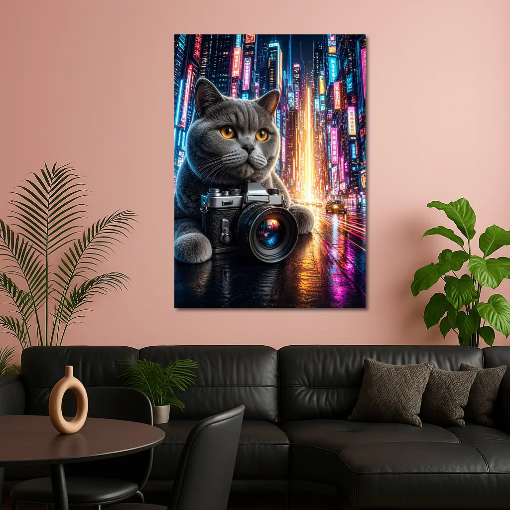 British Shorthair Cat Photographer Neon City – Wall Art
