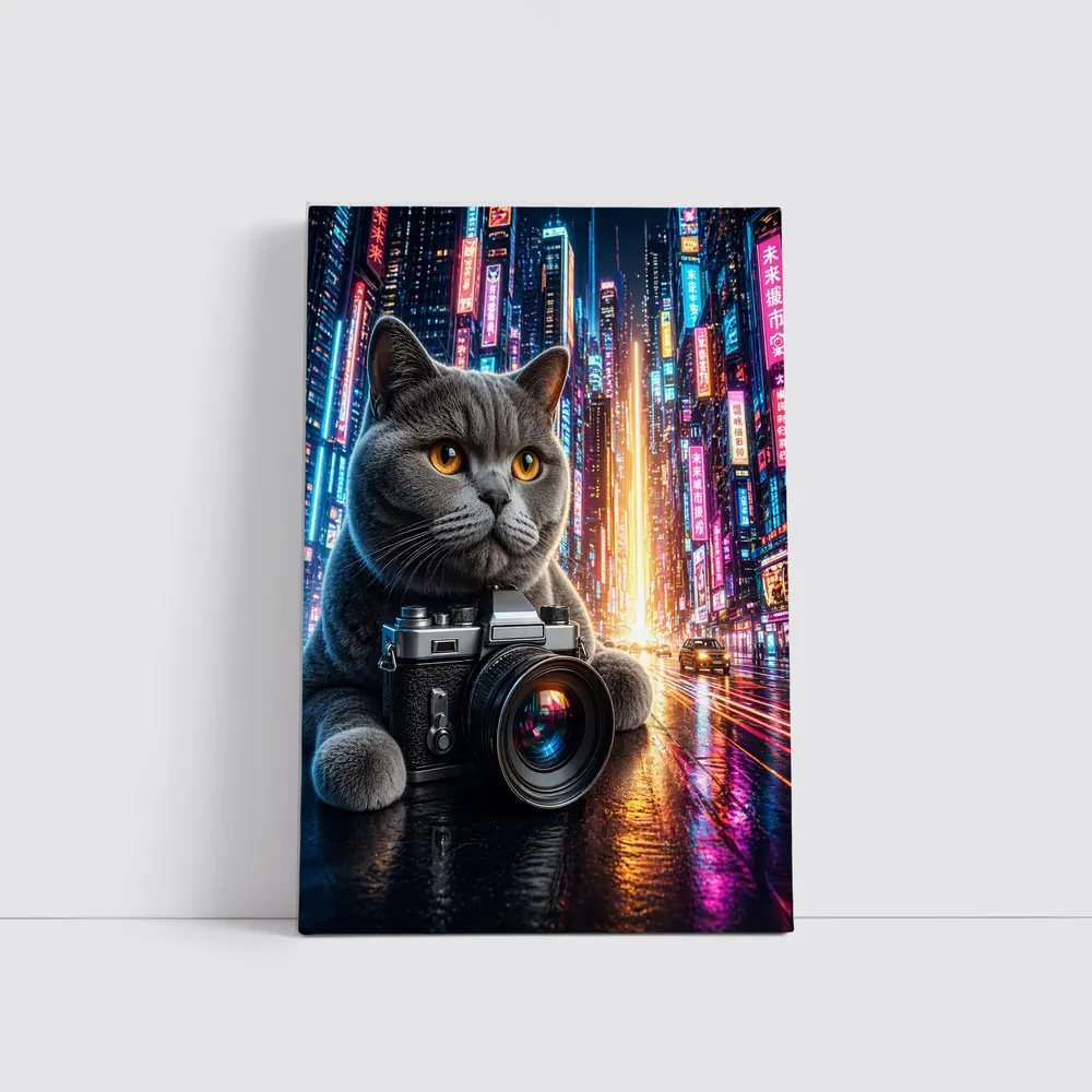 British Shorthair Cat Photographer Neon City – Wall Art
