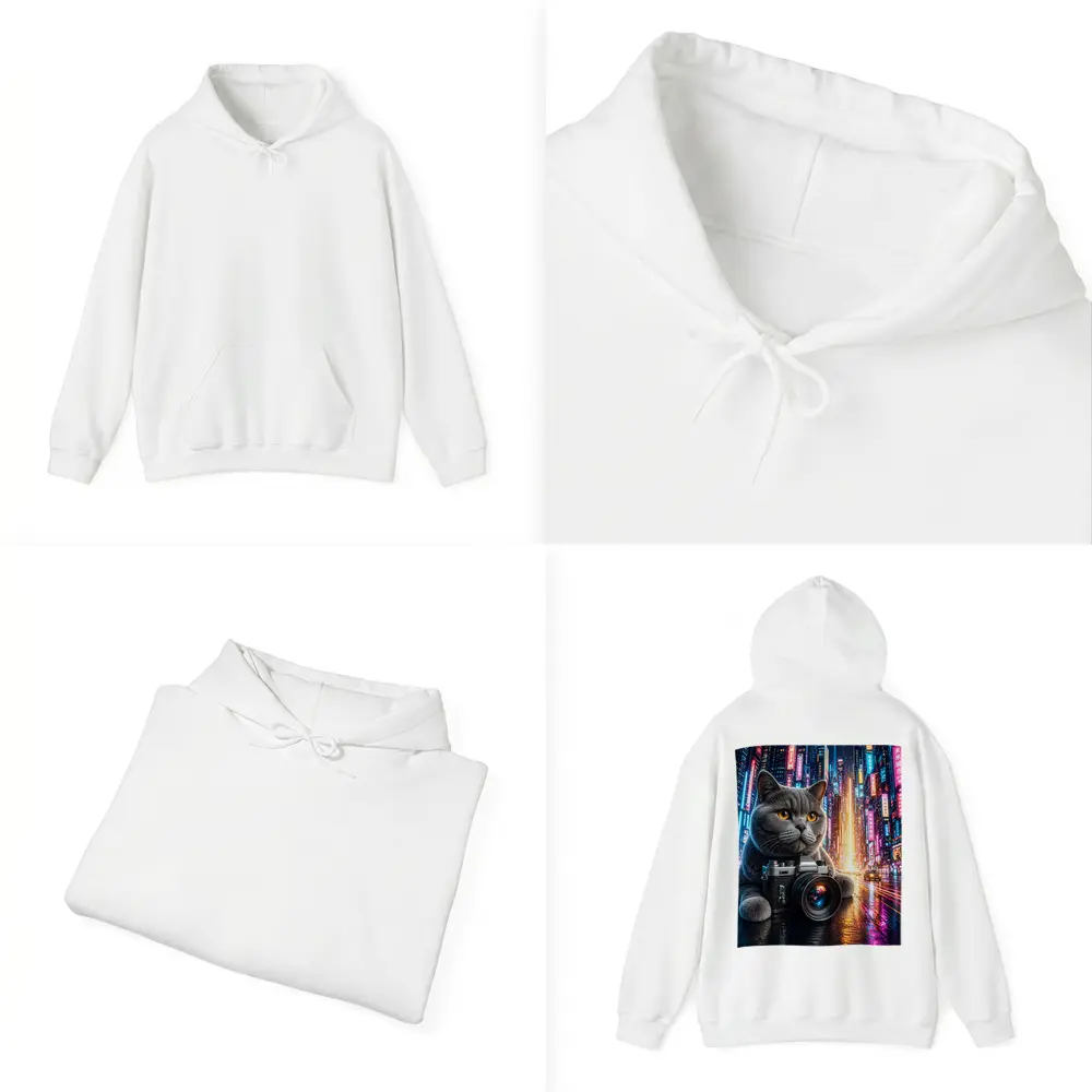 British Shorthair Cat Photographer Neon City – Hoodies