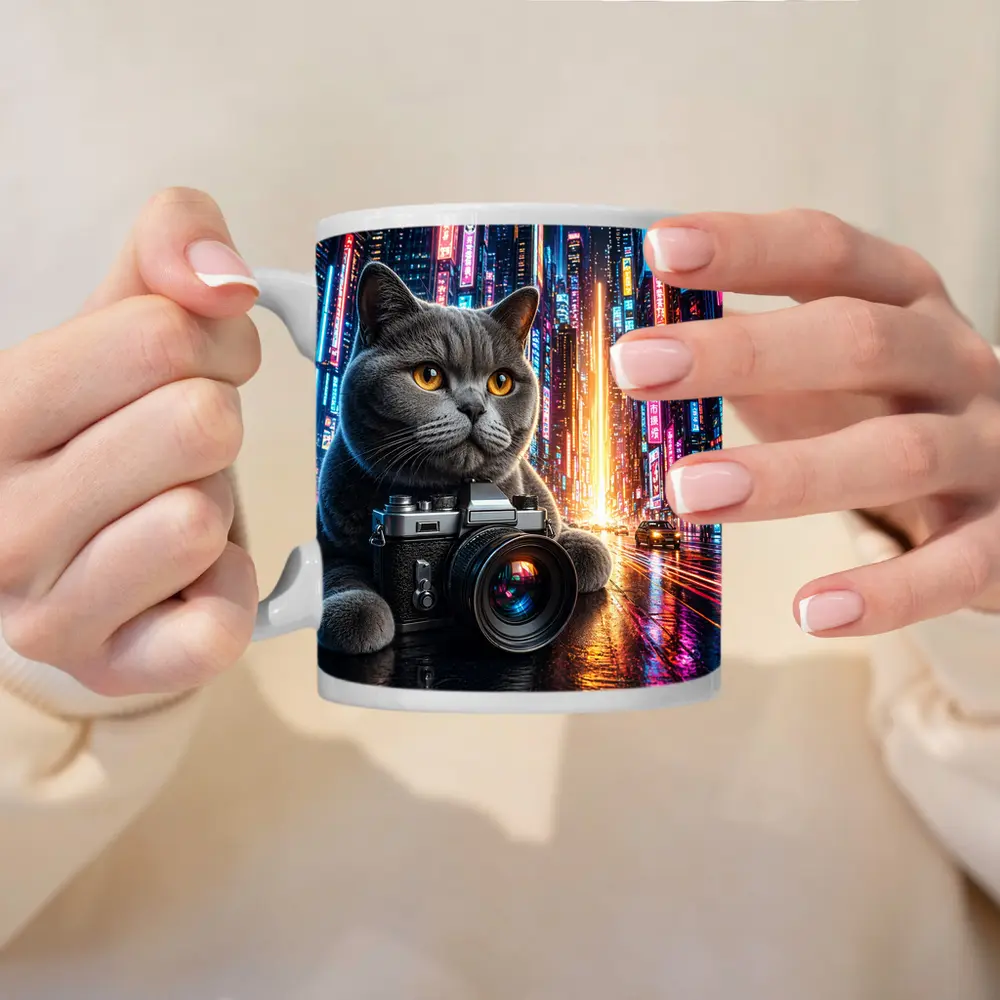 British Shorthair Cat Photographer Neon City – Mugs