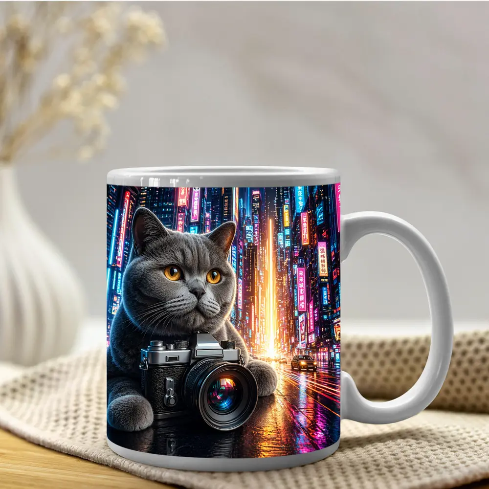 British Shorthair Cat Photographer Neon City – Mugs