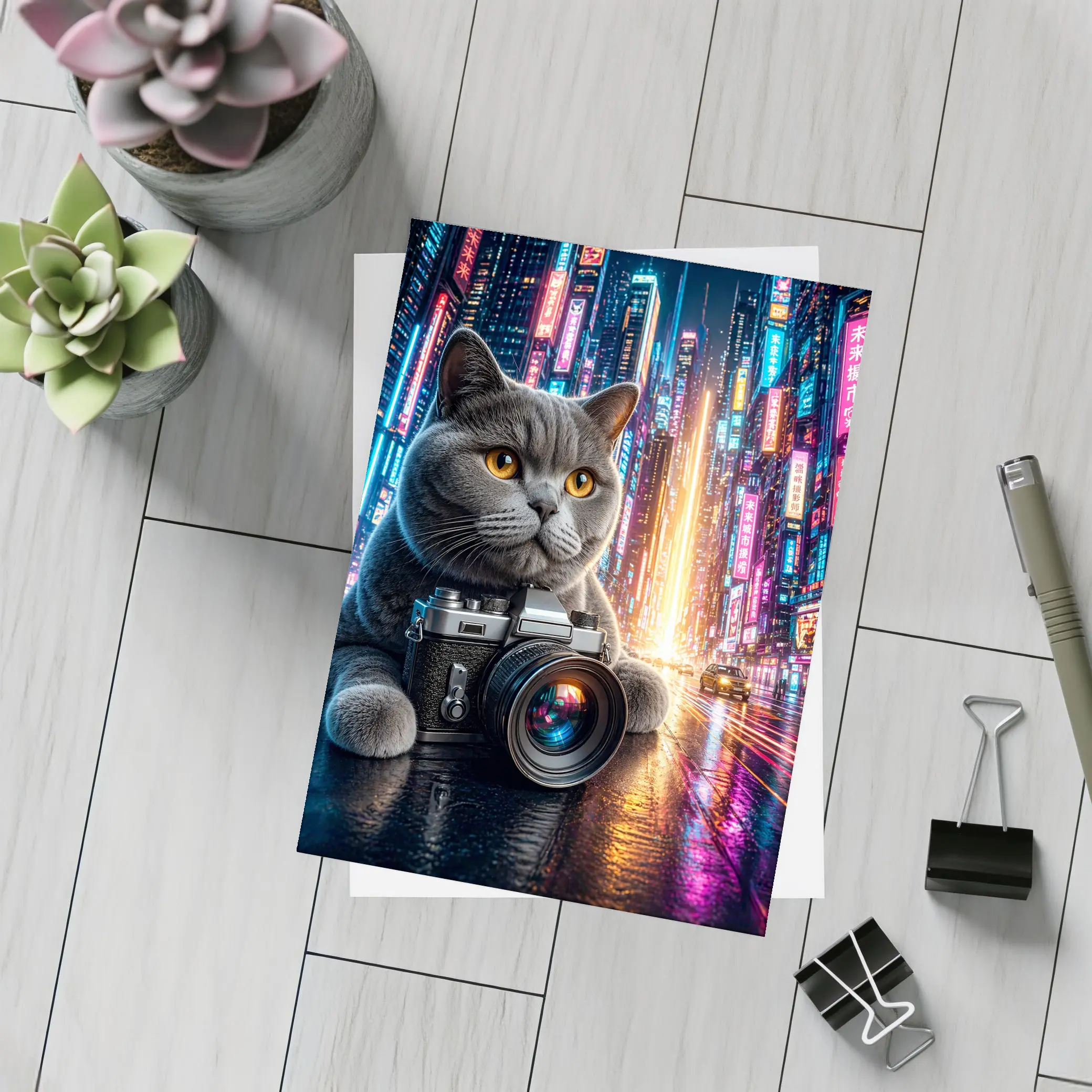 British Shorthair Cat Photographer Neon City – Postcards