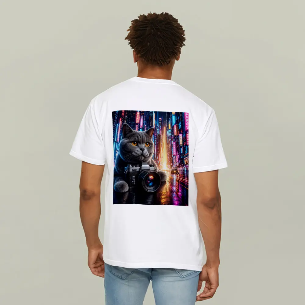 British Shorthair Cat Photographer Neon City – T-Shirts