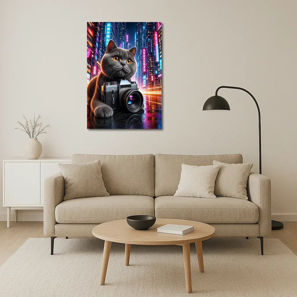 British Shorthair Cat Photographer Neon City – Wall Art