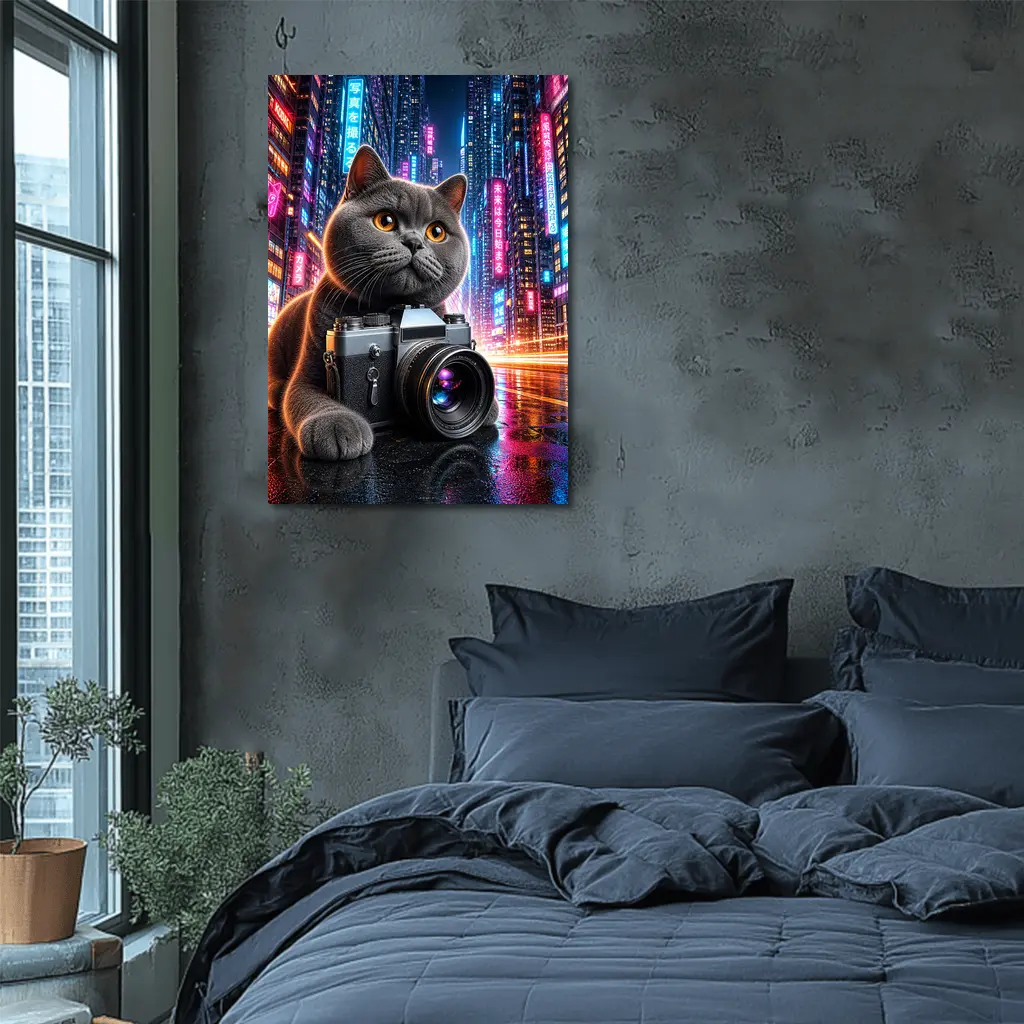 British Shorthair Cat Photographer Neon City – Wall Art
