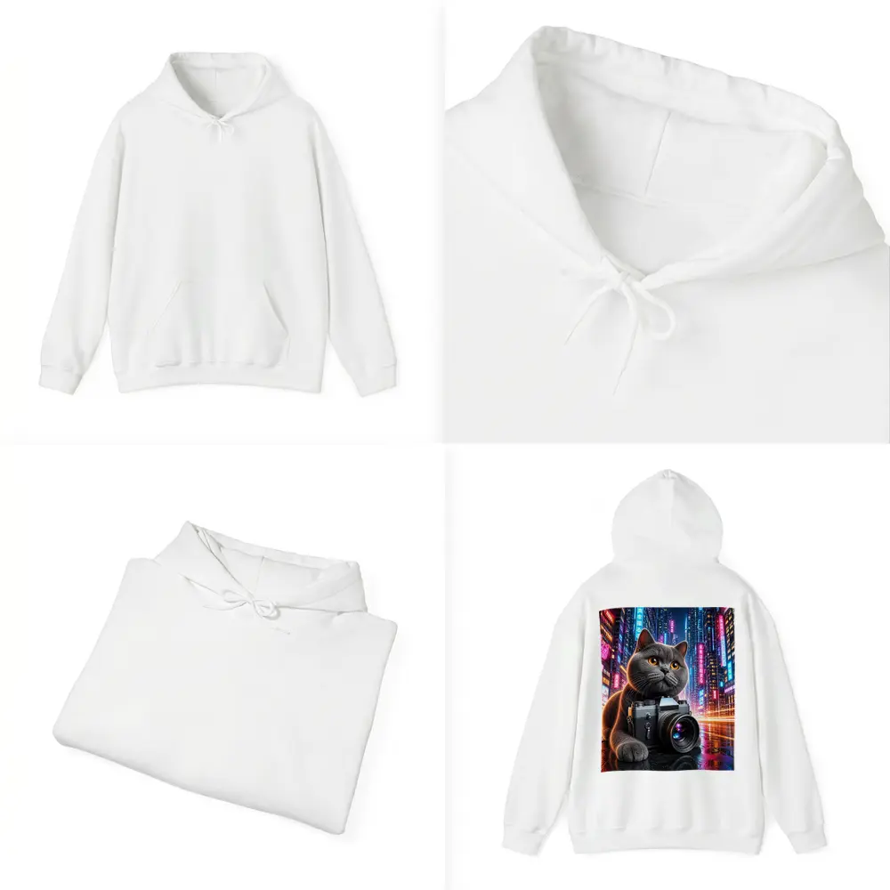 British Shorthair Cat Photographer Neon City – Hoodies