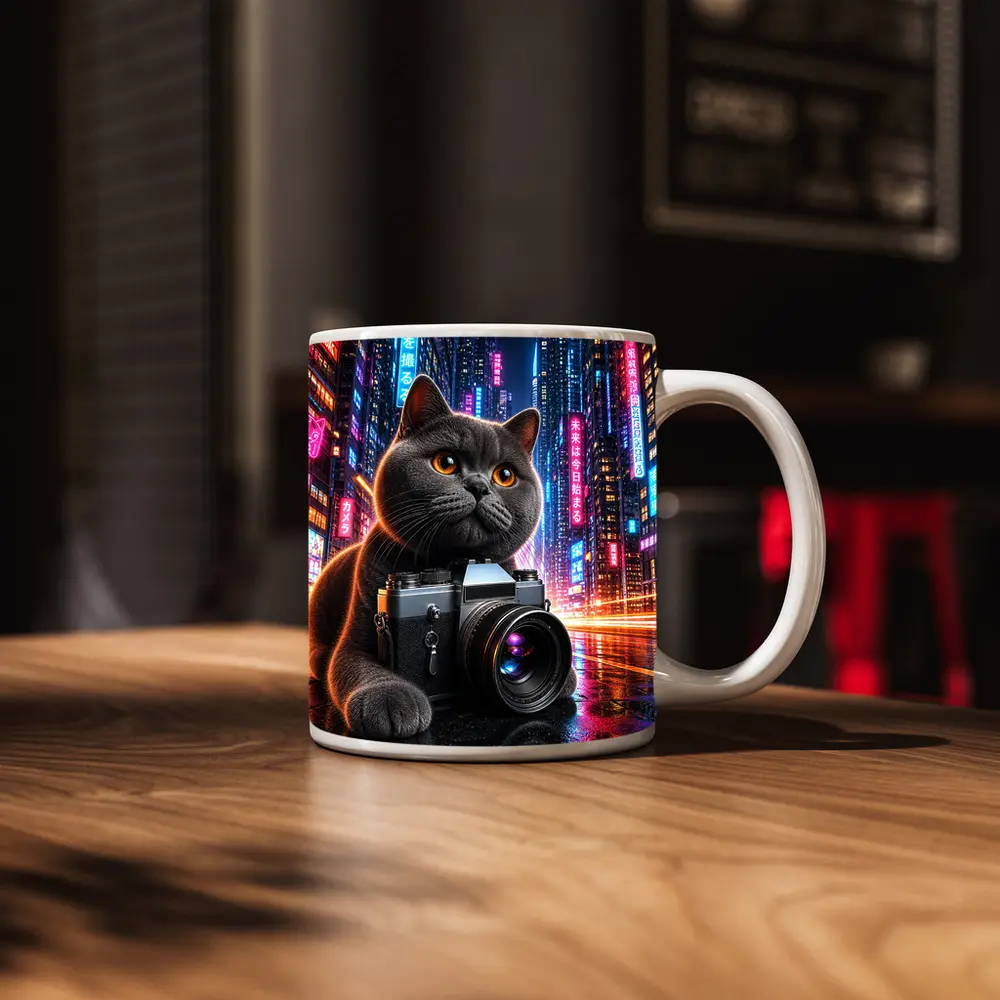 British Shorthair Cat Photographer Neon City – Mugs