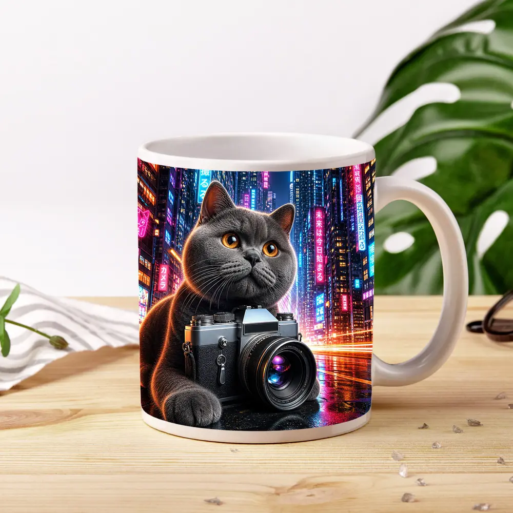 British Shorthair Cat Photographer Neon City – Mugs