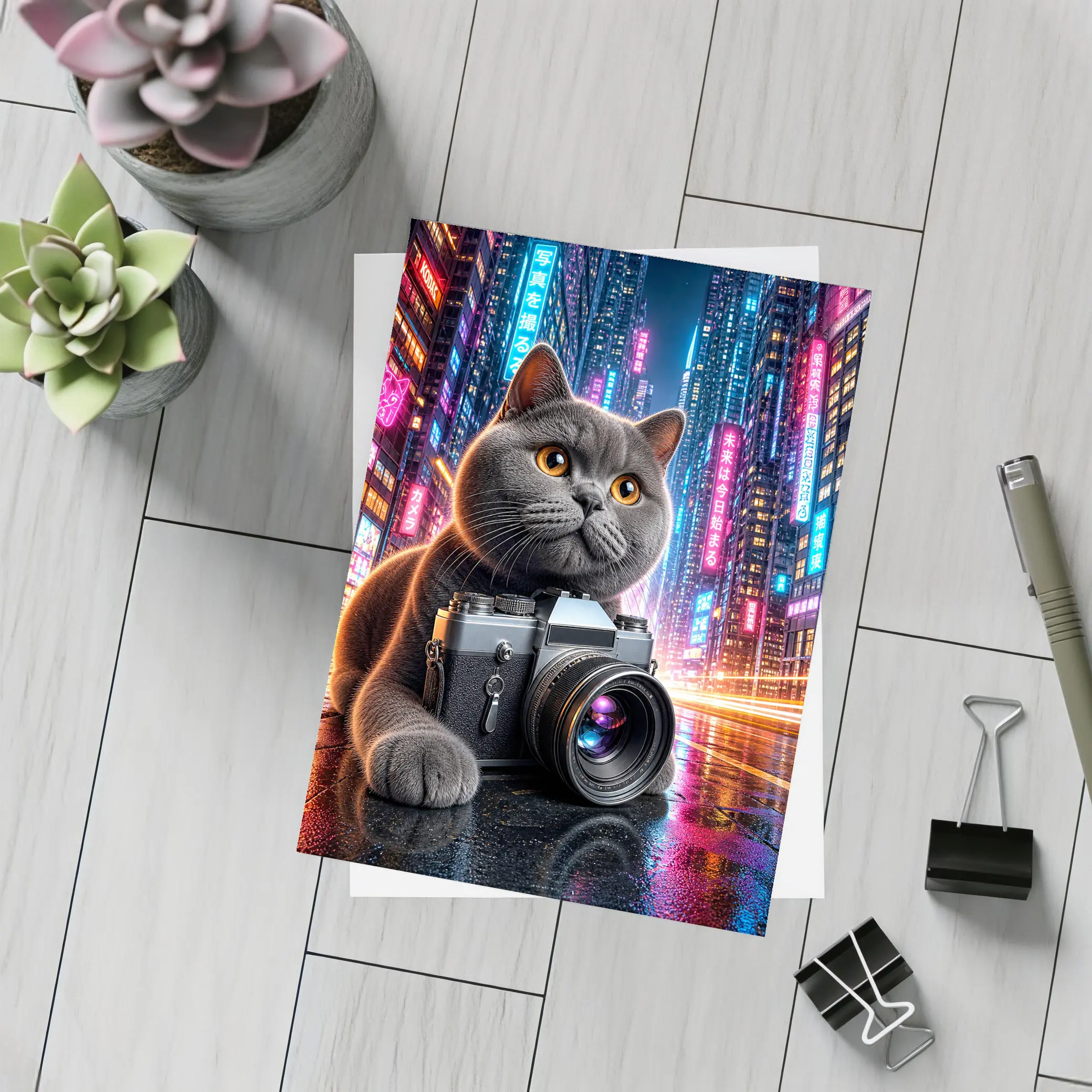 British Shorthair Cat Photographer Neon City – Postcards