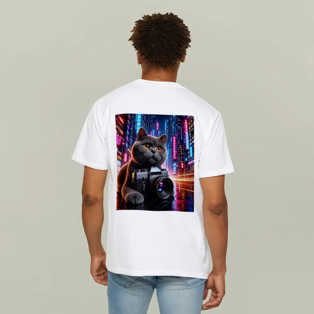 British Shorthair Cat Photographer Neon City – T-Shirts