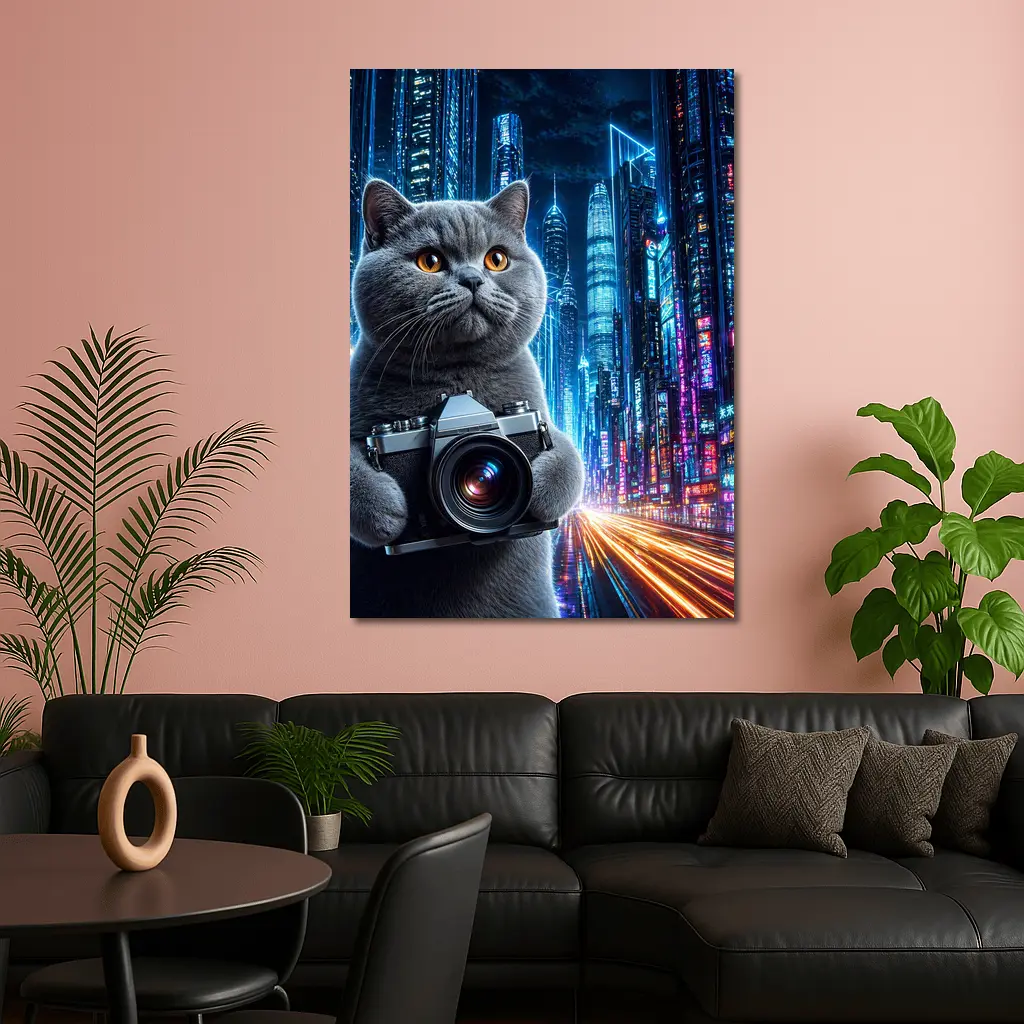 British Shorthair Cat Photographer Neon Cyberpunk City – Wall Art